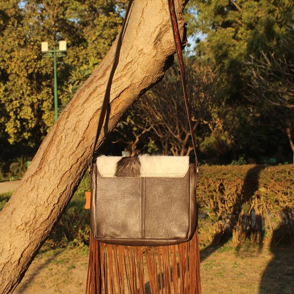 Ladies Hand Tooled Bag with Fringes, Hair On Leather Bag - Picture 2 of 10